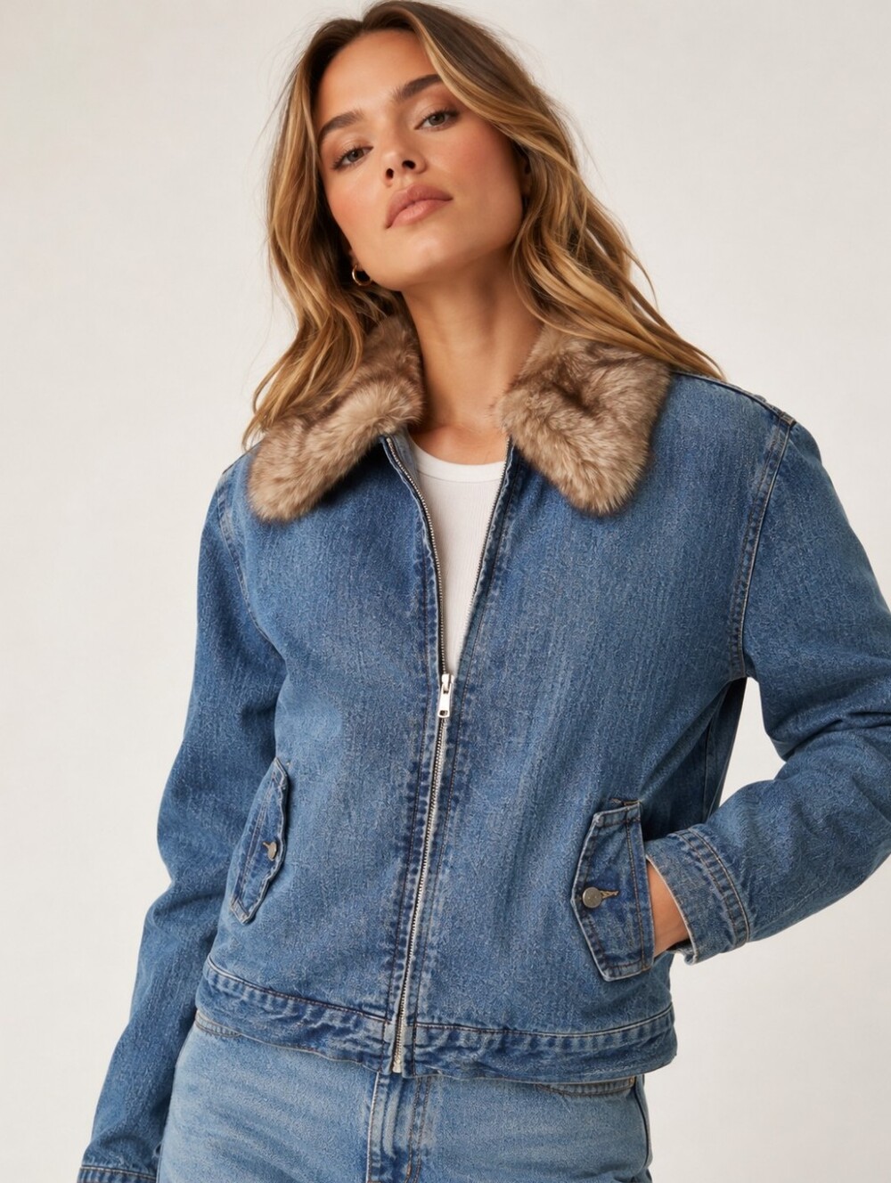 Kenzie Faux Fur Collar Denim Jean Jacket Blue Size 14